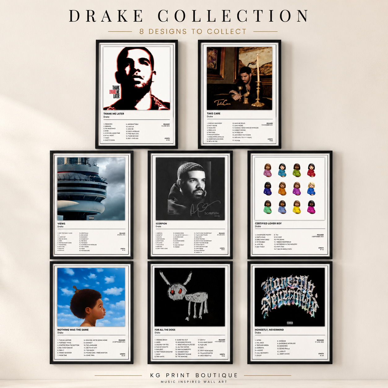 Complete collection of 8 Drake album cover posters and music wall art prints for bedrooms, living rooms and home studios. Collect all 8 designs from KG Print Boutique.