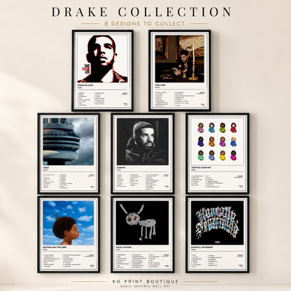 Complete collection of 8 Drake album cover posters and music wall art prints for bedrooms, living rooms and home studios. Collect all 8 designs from KG Print Boutique.