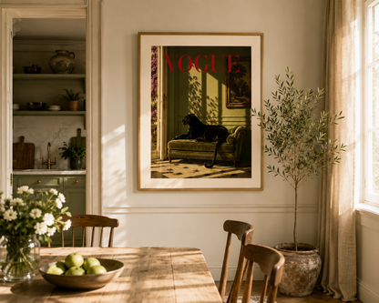 Vogue animal wall art showcasing a black panther resting on a luxurious chaise, ideal for quiet luxury interiors and home libraries.