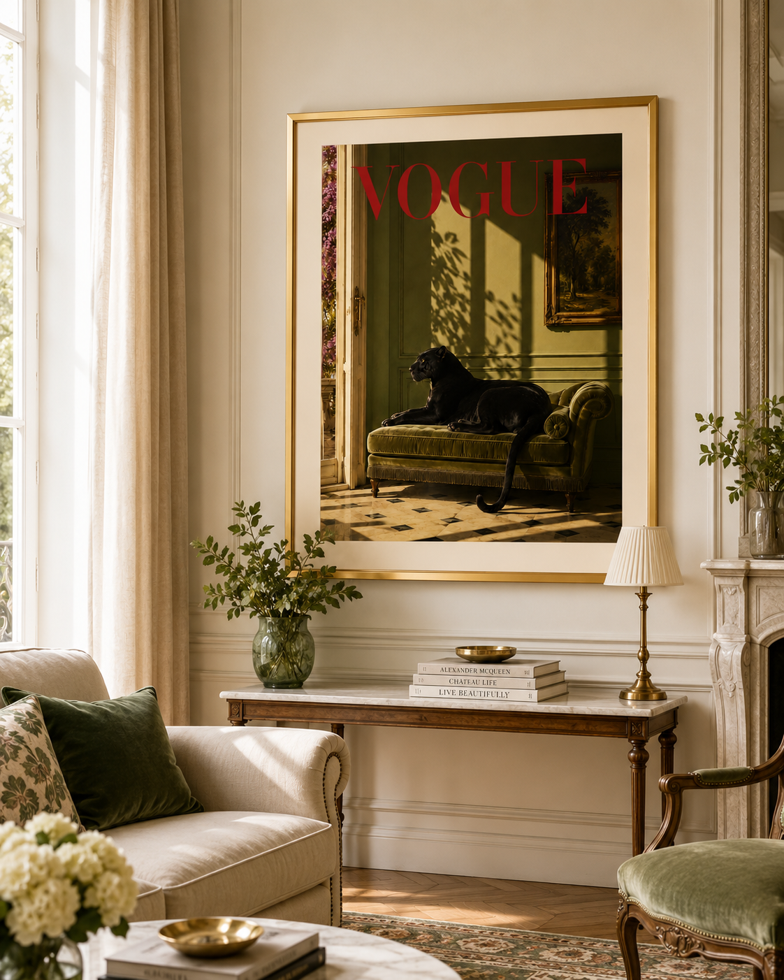 Designer-inspired black panther poster with old money decor aesthetic, warm golden tones and sophisticated editorial style.