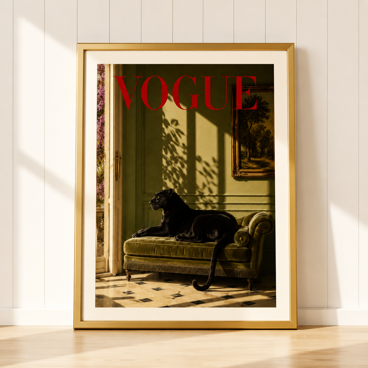 Luxury black panther wall art print featuring a majestic panther reclining on an elegant chaise lounge in a sunlit olive green room with Vogue-inspired styling.