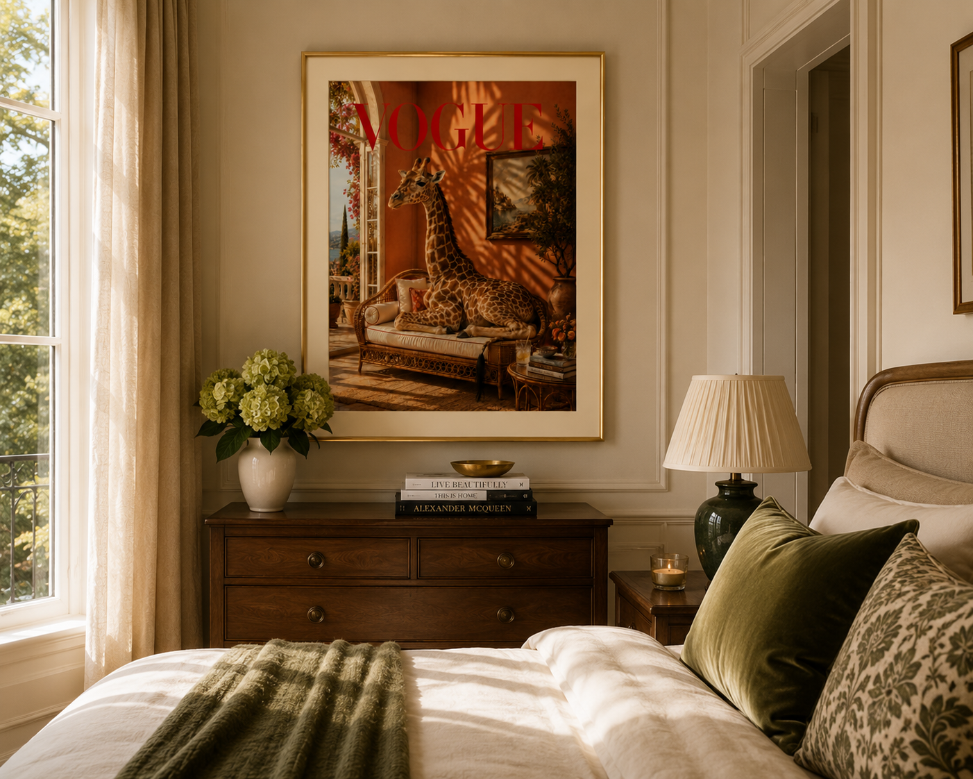 Elegant Vogue animal wall art showcasing a giraffe lounging in a sunlit Mediterranean villa interior, ideal for quiet luxury and boutique hotel style homes.
