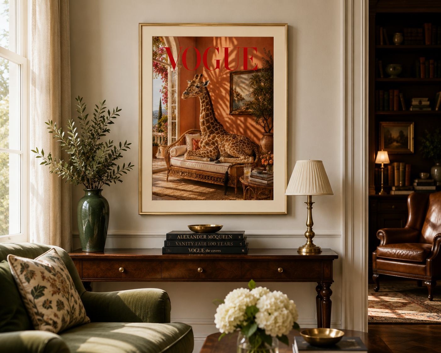Designer-inspired giraffe poster with warm terracotta tones and old money décor aesthetic, perfect for luxury living rooms and bedrooms.