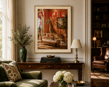 Designer-inspired giraffe poster with warm terracotta tones and old money décor aesthetic, perfect for luxury living rooms and bedrooms.