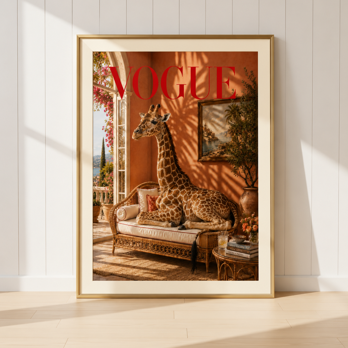 Luxury giraffe wall art print featuring a majestic giraffe resting on a chaise lounge within a Mediterranean-inspired interior with terracotta walls and Vogue fashion styling.