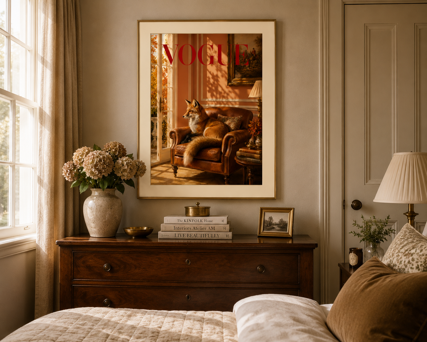 Elegant Vogue animal wall art showcasing a fox in a luxurious country house interior, perfect for reading rooms and cosy homes.