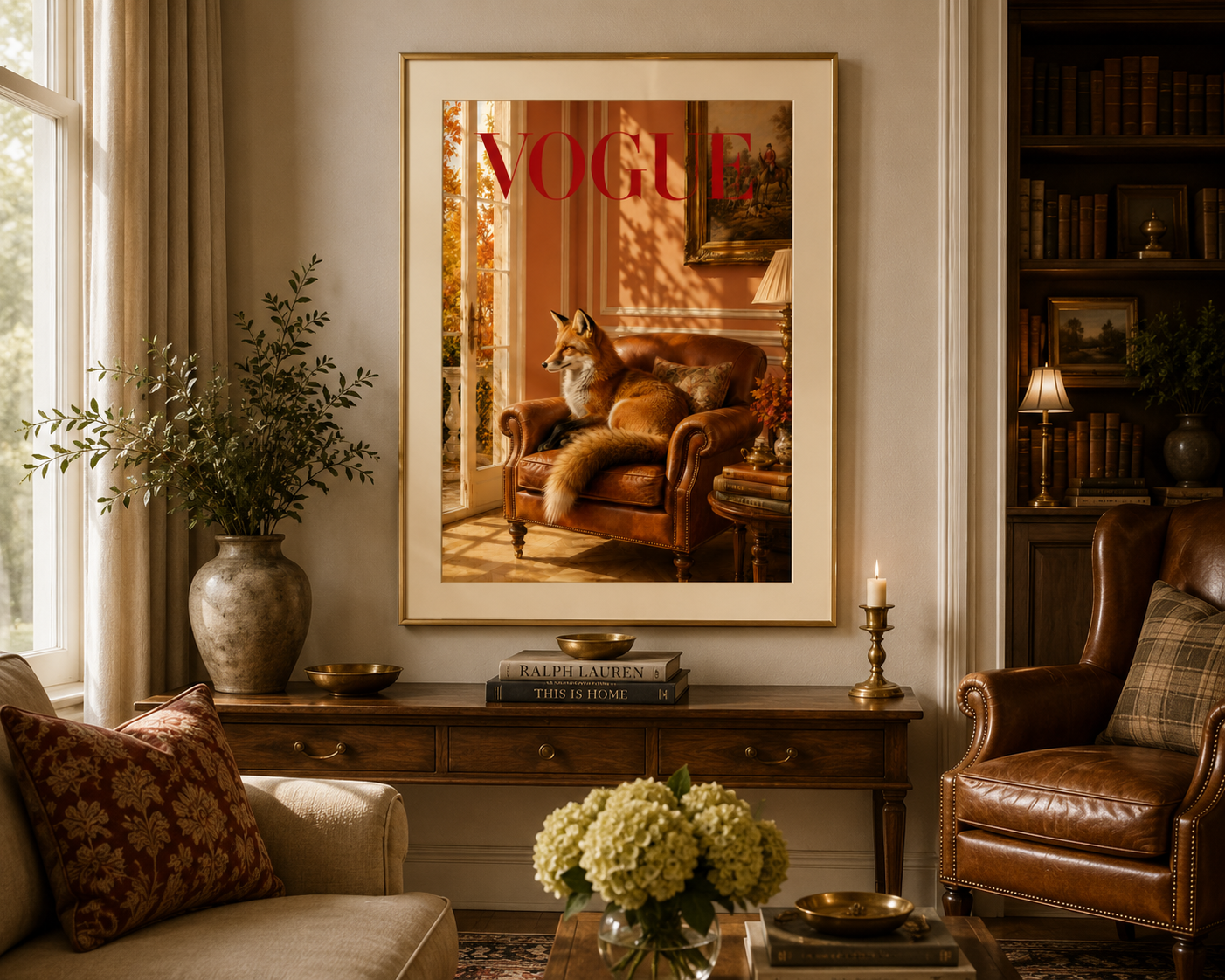 Designer-inspired fox poster with old money décor aesthetic and rich countryside colours.