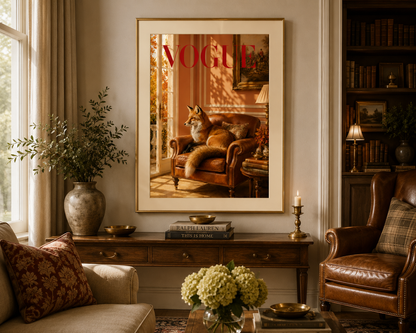 Designer-inspired fox poster with old money décor aesthetic and rich countryside colours.