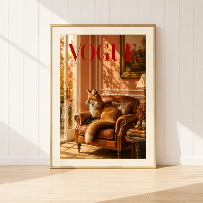 Luxury fox wall art print featuring a fox resting in a leather armchair with warm autumn tones and Vogue-inspired styling.