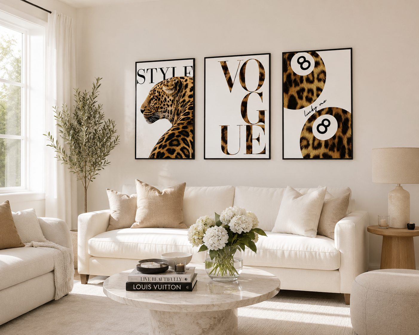 Designer-inspired leopard gallery wall set with warm neutral tones and contemporary fashion styling.