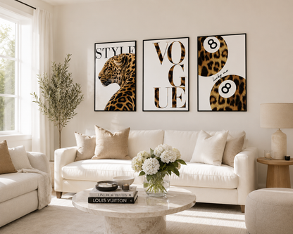 Designer-inspired leopard gallery wall set with warm neutral tones and contemporary fashion styling.