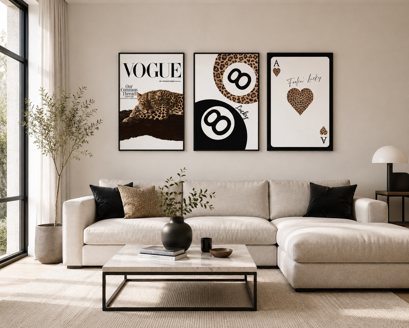 Designer-inspired leopard gallery wall set with warm neutral tones and contemporary fashion styling.