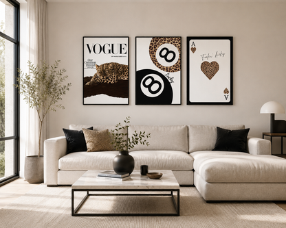 Designer-inspired leopard gallery wall set with warm neutral tones and contemporary fashion styling.