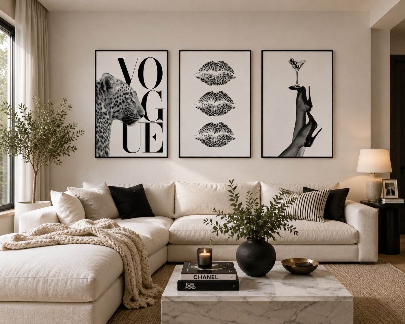 Luxury monochrome gallery wall set with Vogue-inspired leopard print, lips print and cocktail illustration for modern interiors.