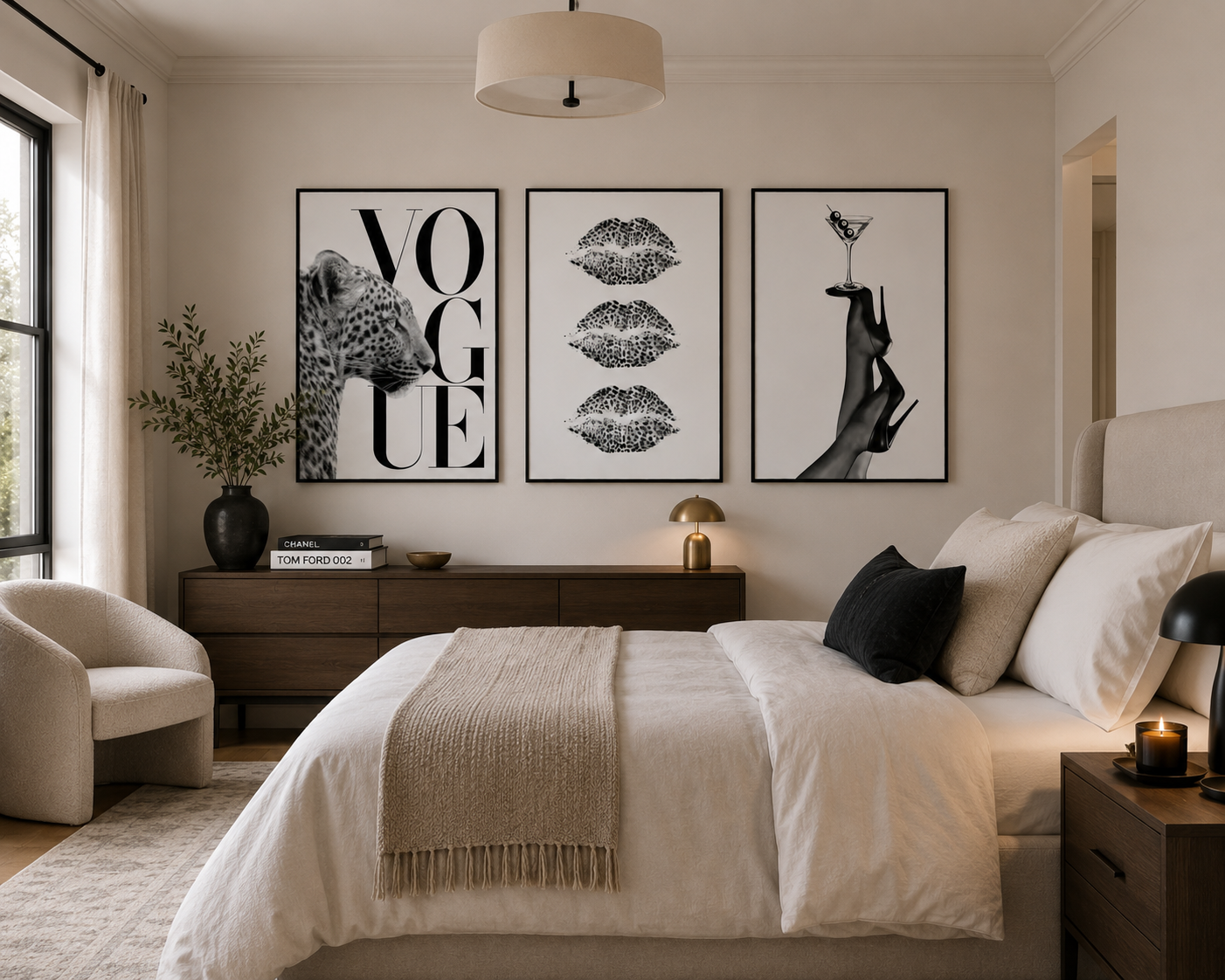 Elegant black and white fashion print collection perfect for bedrooms, dressing rooms and contemporary home bars.