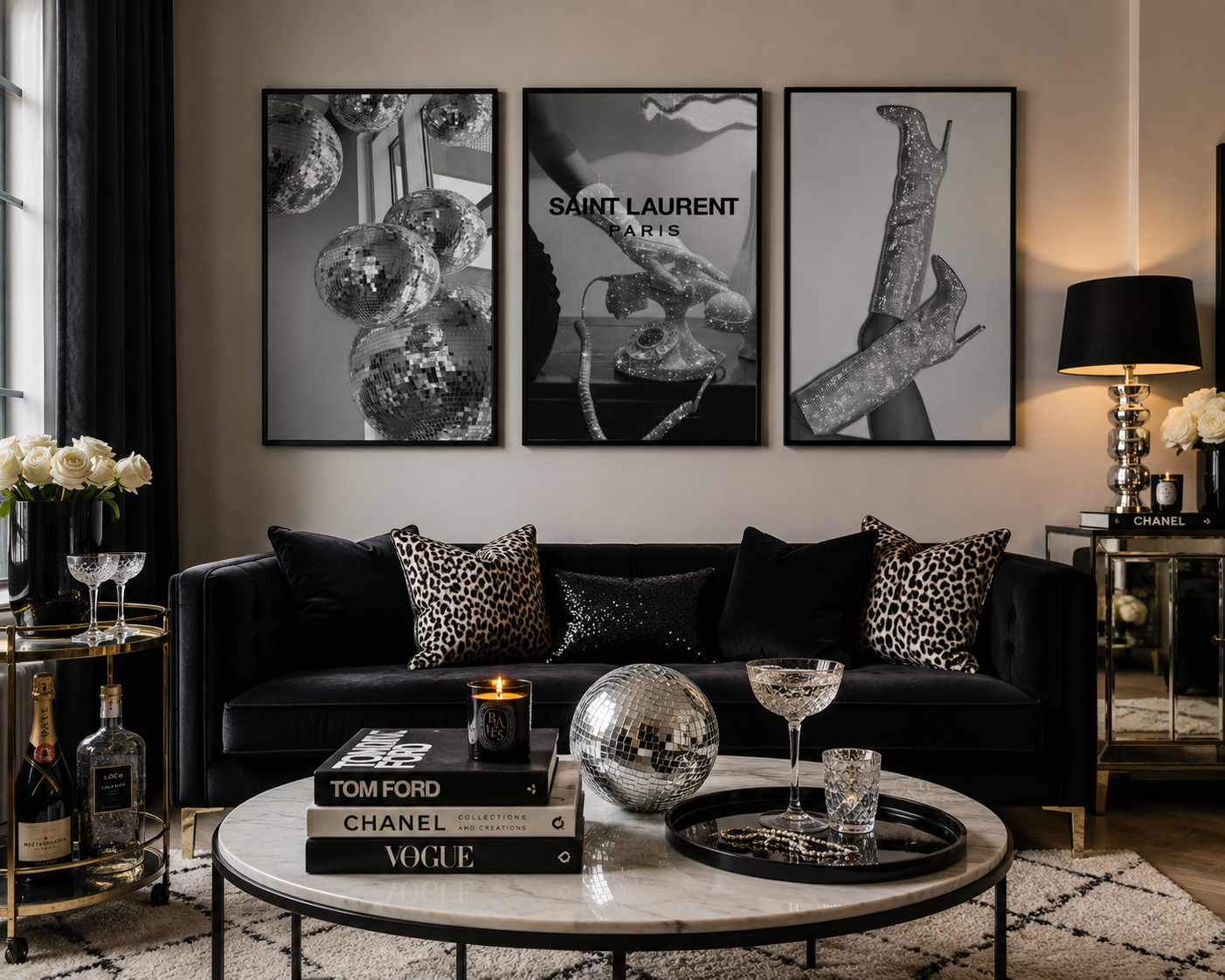 Black and white glam wall art set with disco ball photography and sparkling crystal boots for luxury interiors.