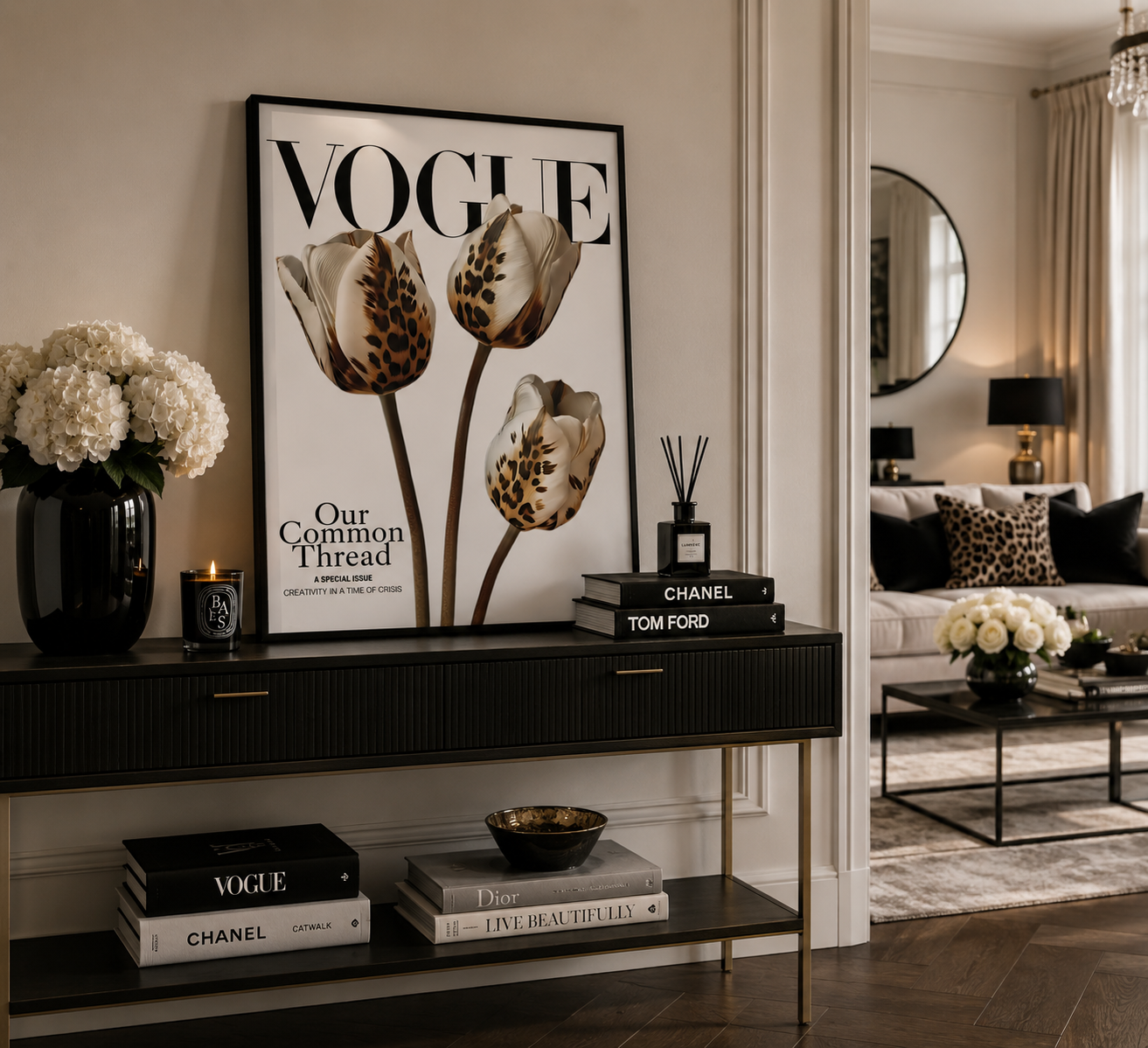 Elegant black and white leopard flower print inspired by high-end fashion editorials.