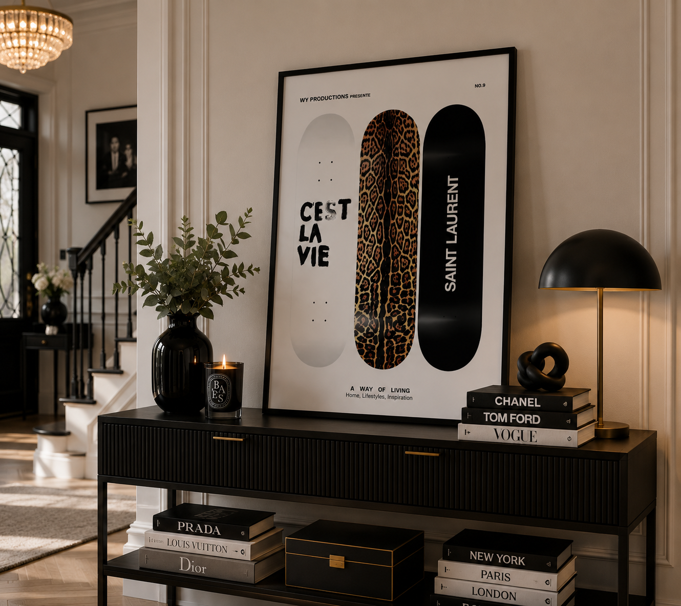 Modern luxury fashion print with three stylish skateboard decks perfect for contemporary interiors.