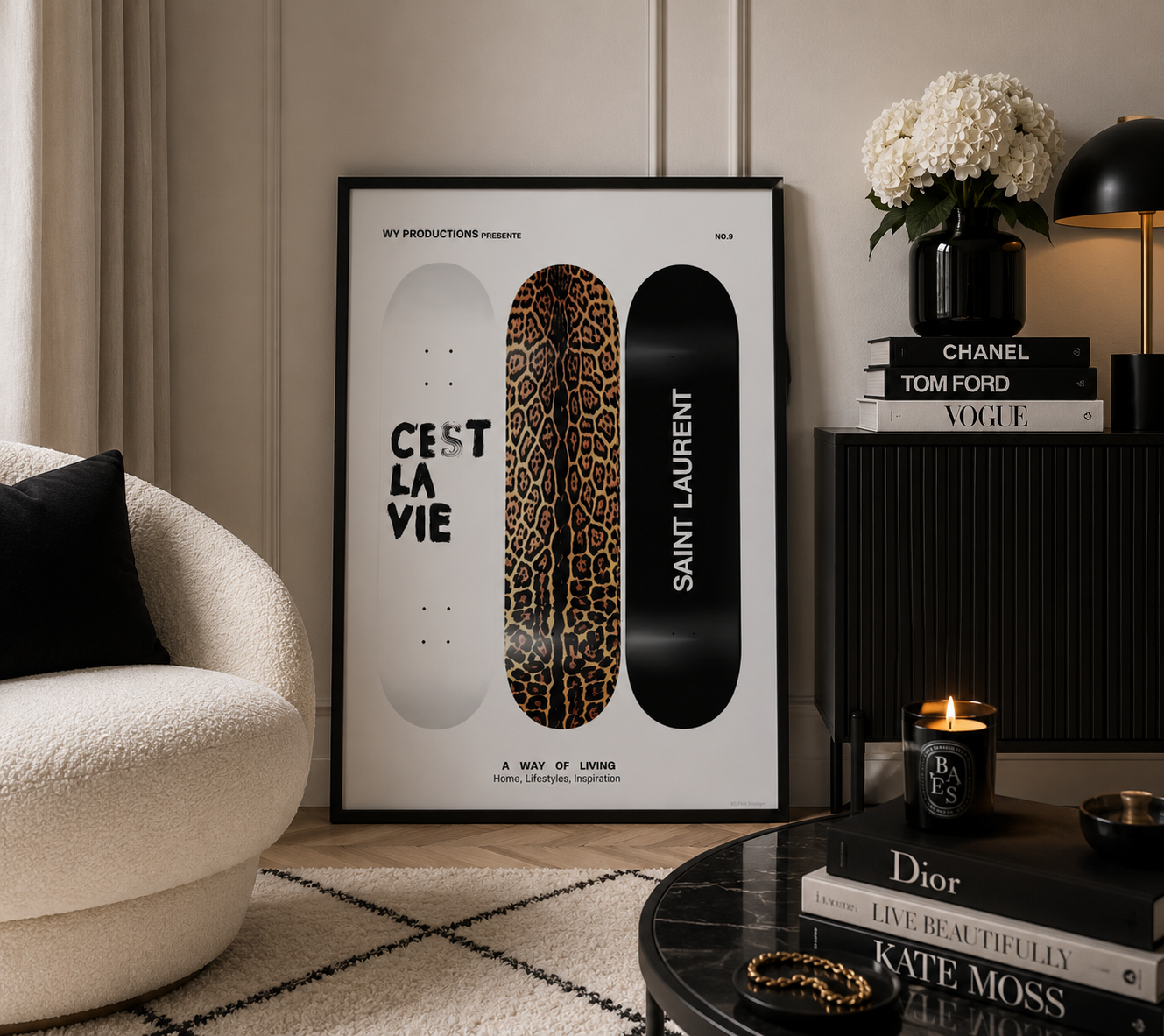 Designer-inspired black and white skateboard wall art with elegant leopard print details.