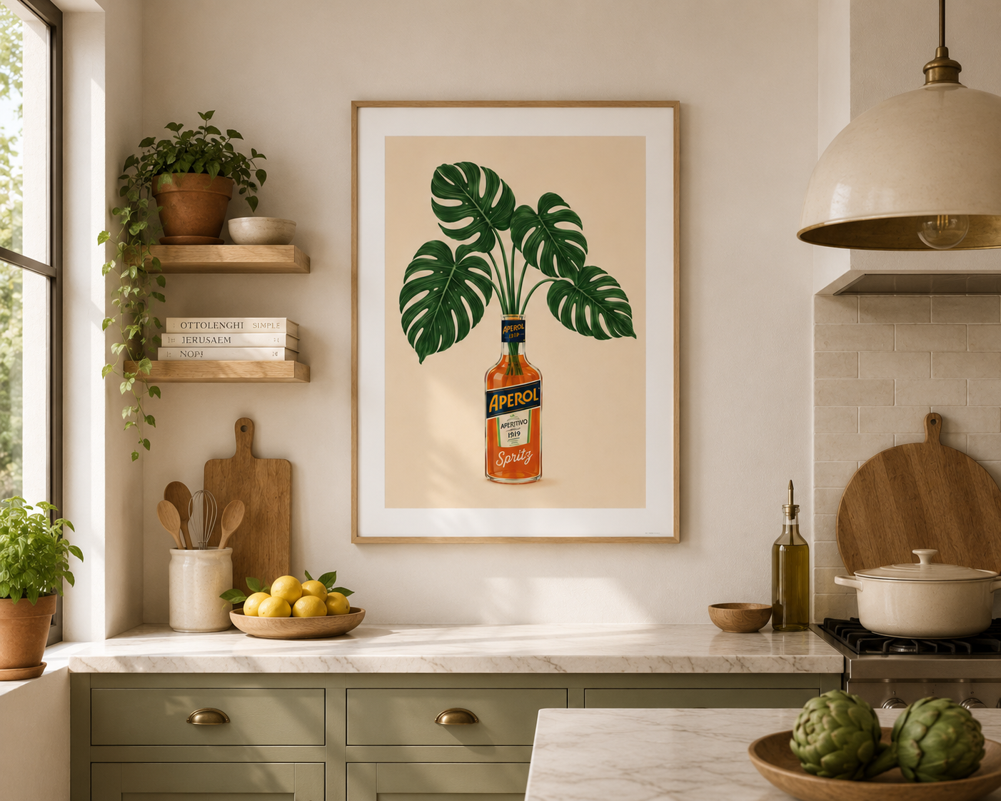 Vintage botanical wall art with lush monstera leaves and an Aperol Spritz bottle, perfect for kitchen decor, dining rooms and stylish home bars.