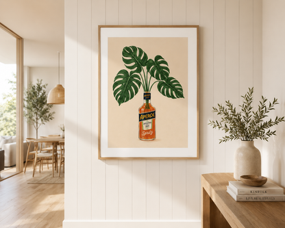 Mediterranean kitchen wall art from the Botanical Bottle Collection featuring an Aperol bottle vase and tropical foliage, one of 24 coordinating designs by KG Print Boutique.