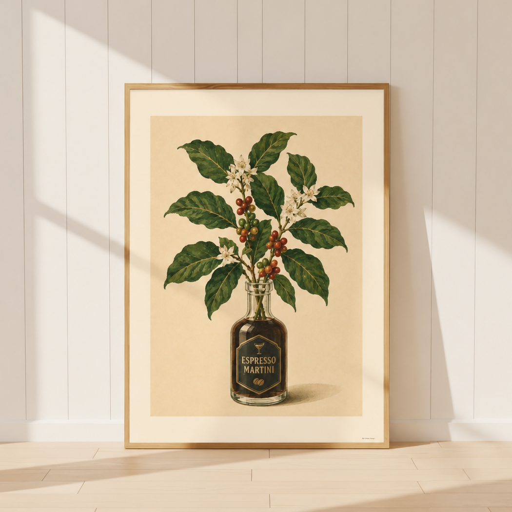 Espresso Martini botanical print featuring coffee berries and white blossoms in a vintage bottle, perfect for kitchen wall decor and contemporary homes.