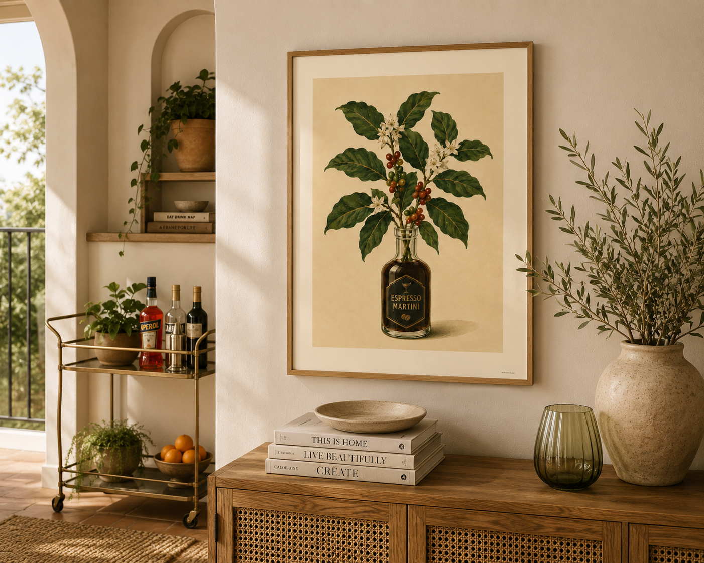 Contemporary coffee-themed botanical print with espresso martini bottle and coffee blossoms, ideal for modern kitchen and dining room decor.