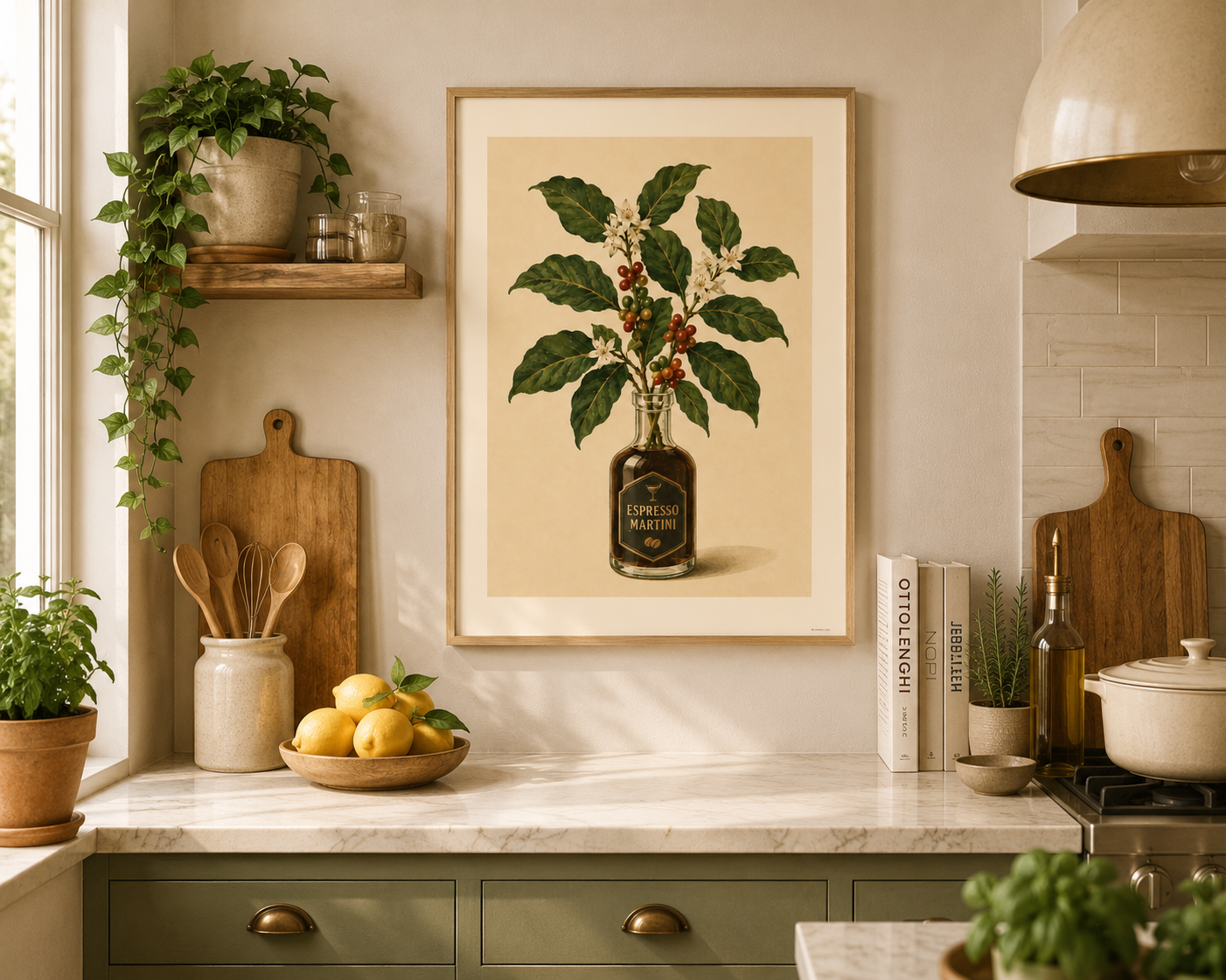 Mediterranean-inspired Espresso Martini wall art with botanical coffee plant illustration in neutral tones for kitchens, coffee stations and home bars.