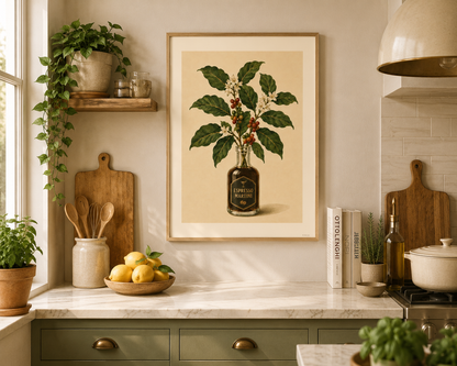Mediterranean-inspired Espresso Martini wall art with botanical coffee plant illustration in neutral tones for kitchens, coffee stations and home bars.