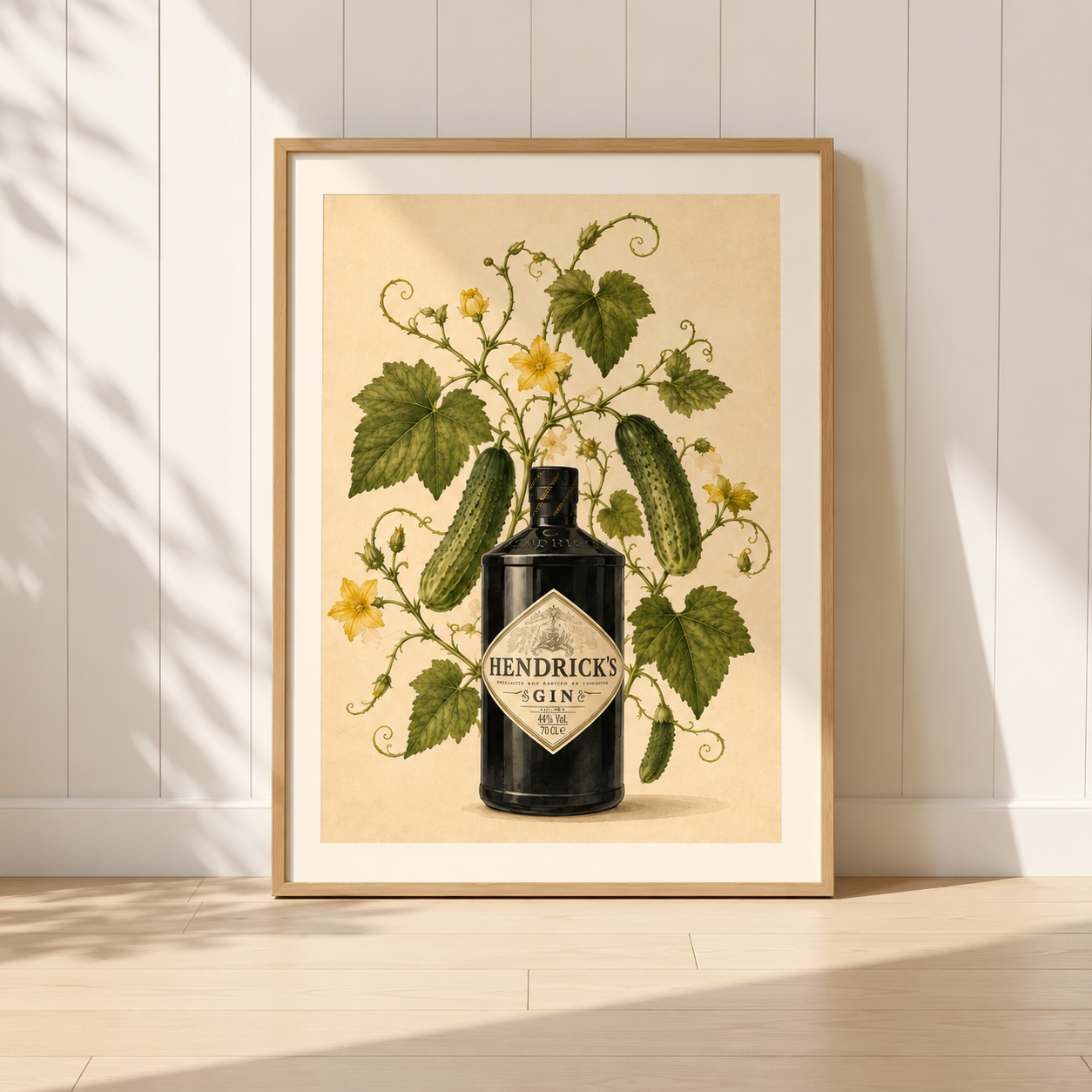 Hendrick's Gin botanical wall art print with cucumber vines in a vintage Mediterranean style for kitchens and home bars.