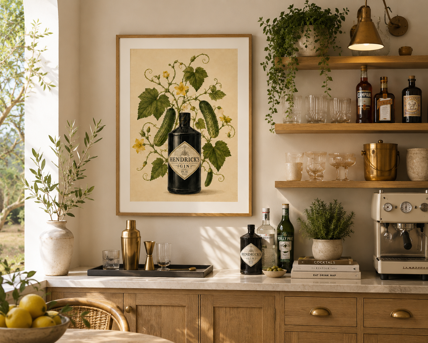 Luxury Mediterranean-inspired gin wall art print perfect for coffee stations, dining rooms and cocktail bars.