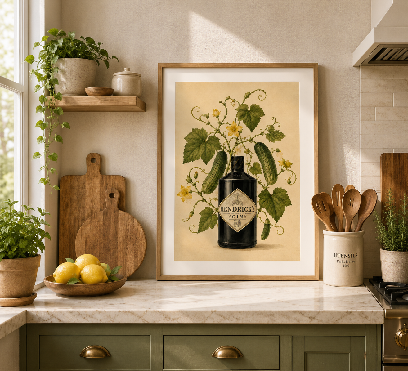 Neutral botanical kitchen wall art featuring Hendrick's Gin bottle surrounded by floral cucumber vines and vintage details.