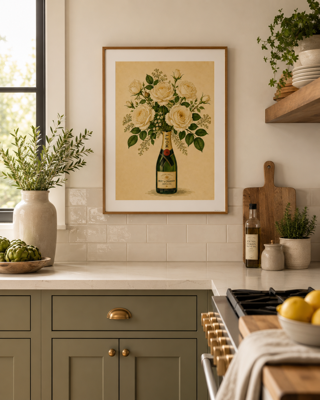 Champagne bottle floral wall art inspired by European boutique hotels and Mediterranean interiors.