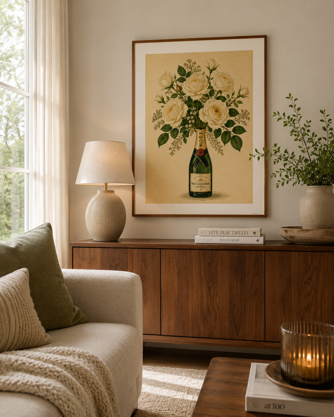 Elegant vintage botanical print with ivory roses and champagne bottle in a soft watercolour style. 🥂🤍🌿