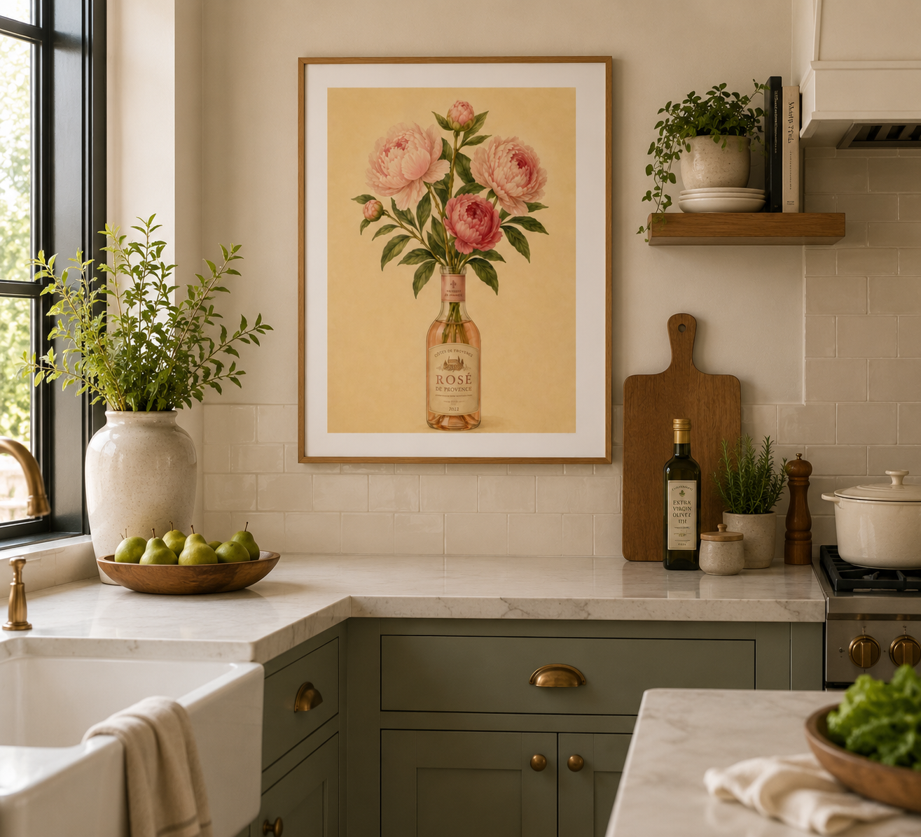 Elegant rosé wine bottle botanical print with soft blush flowers in a vintage watercolour style. 🌸🤍🍷