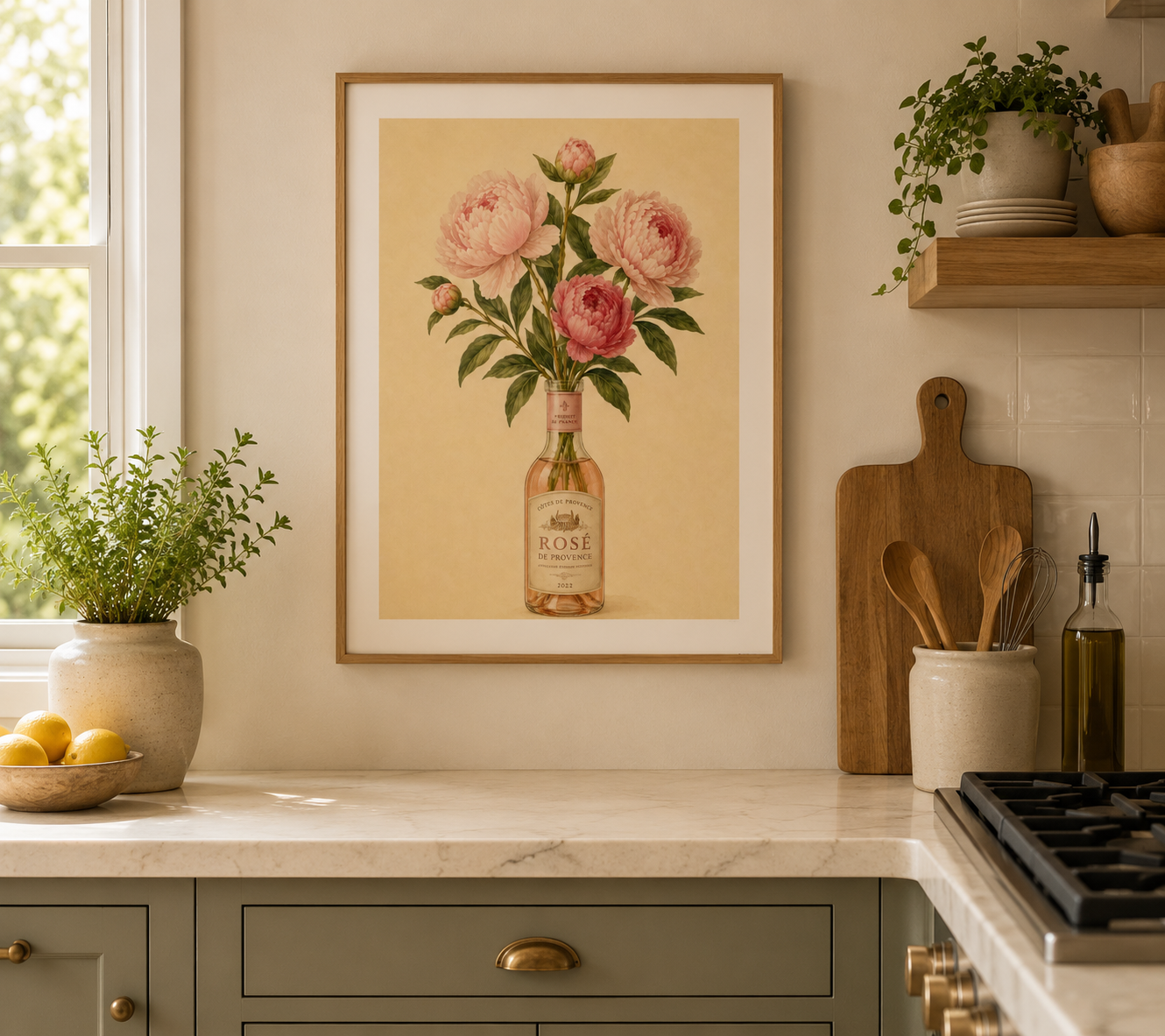 Pink peony floral wall art inspired by Provence and European boutique hotels.