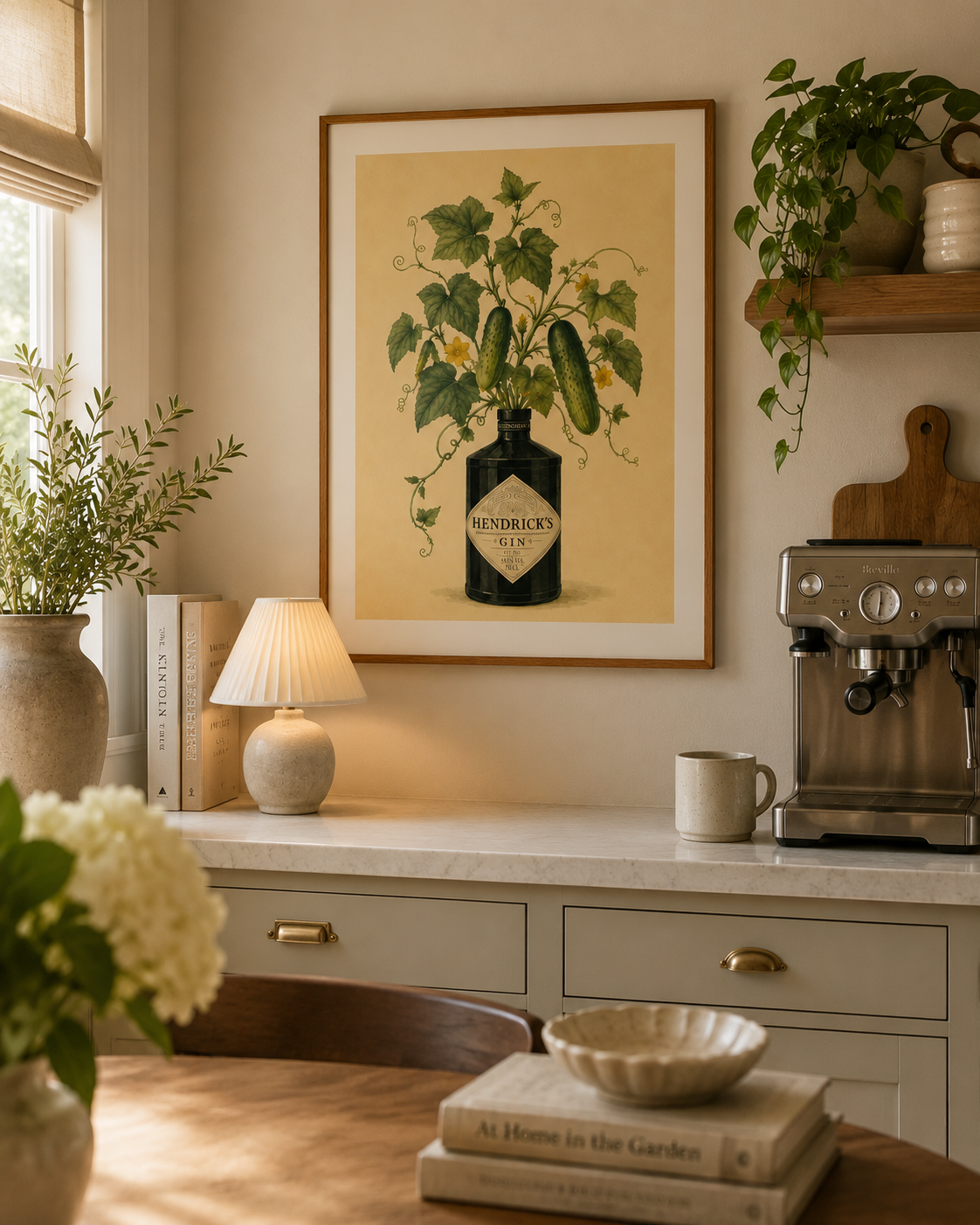 Luxury vintage gin print with cucumber botanical design perfect for farmhouse kitchens and home bar decor.