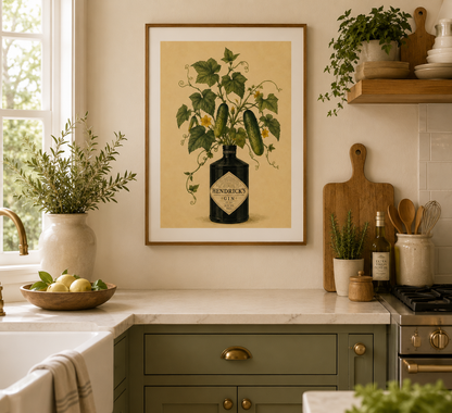 Green botanical kitchen wall art inspired by Hendrick's Gin with cucumber plant illustration and vintage aesthetic.