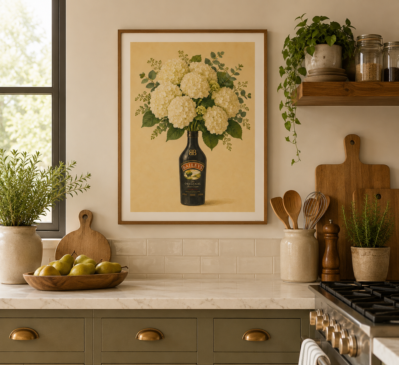 Cream hydrangea botanical print in a Baileys bottle perfect for farmhouse kitchens and cottagecore interiors.