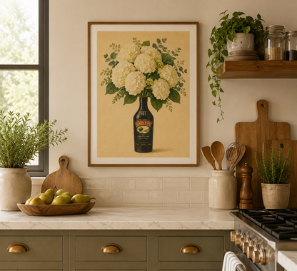 Cream hydrangea botanical print in a Baileys bottle perfect for farmhouse kitchens and cottagecore interiors.