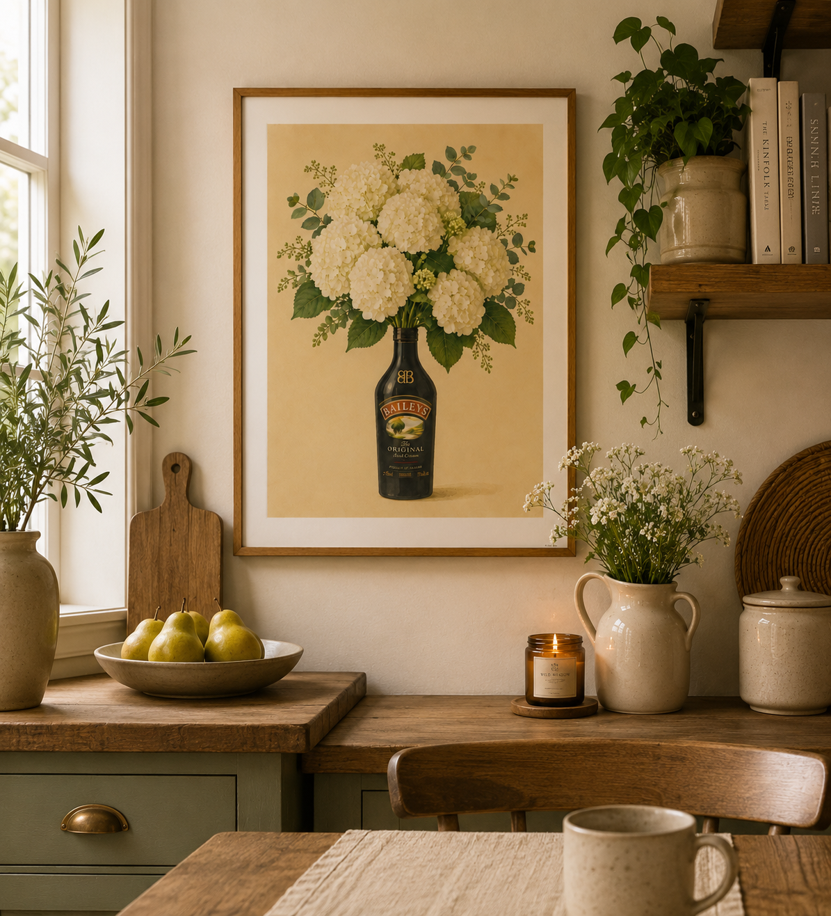 Luxury floral kitchen wall art with vintage Baileys bottle and white hydrangeas displayed in a cosy country kitchen.