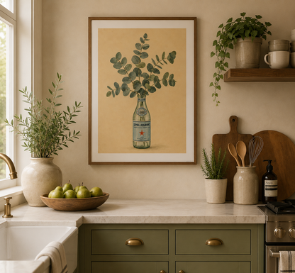 Mediterranean-inspired eucalyptus print with vintage Italian bottle illustration perfect for farmhouse kitchens and cottagecore interiors.