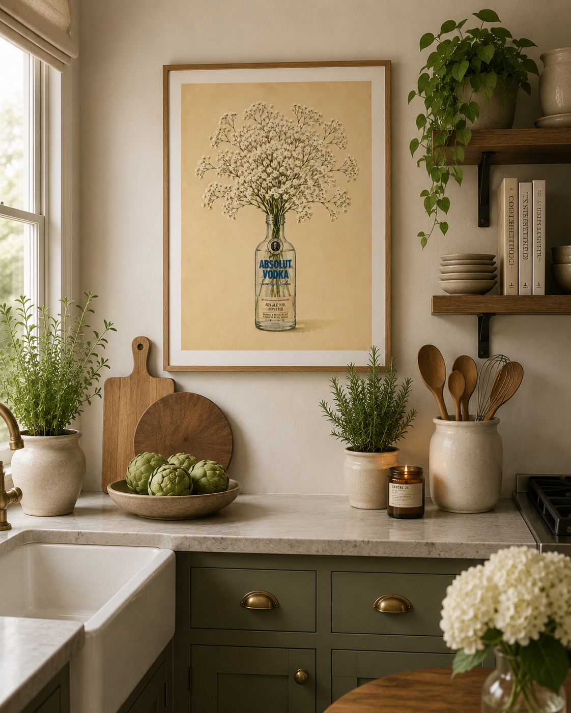 Luxury vintage botanical kitchen print with white flowers and cream tones perfect for cottagecore and farmhouse interiors.