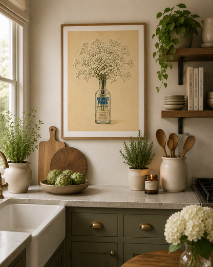 Luxury vintage botanical kitchen print with white flowers and cream tones perfect for cottagecore and farmhouse interiors.