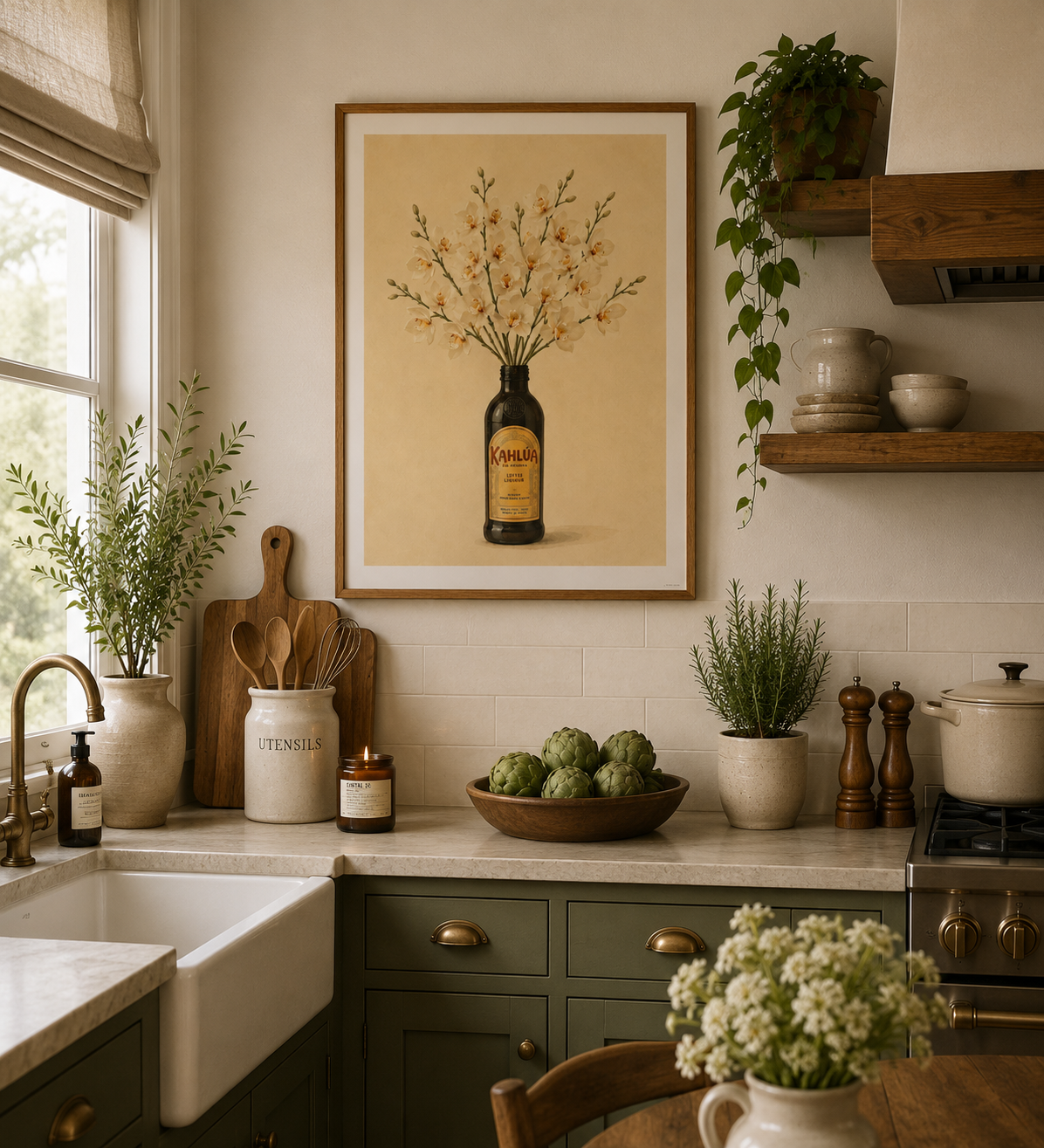 Neutral botanical wall art inspired by coffee liqueur and Mediterranean farmhouse interiors.