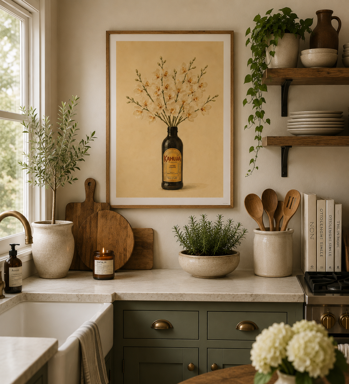 Rustic farmhouse kitchen print with elegant orchids and vintage Kahlua bottle illustration.