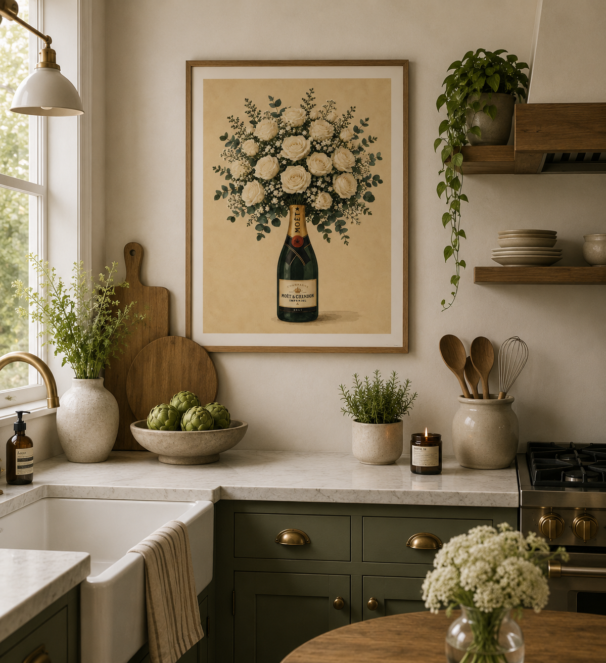 Elegant floral wall art with cream roses arranged inside a Moët champagne bottle inspired by French country interiors.