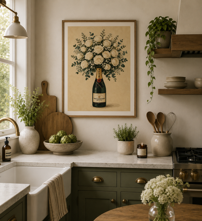 Elegant floral wall art with cream roses arranged inside a Moët champagne bottle inspired by French country interiors.