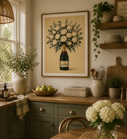 Luxury vintage champagne print with ivory roses and botanical greenery perfect for farmhouse kitchens and cottagecore homes.