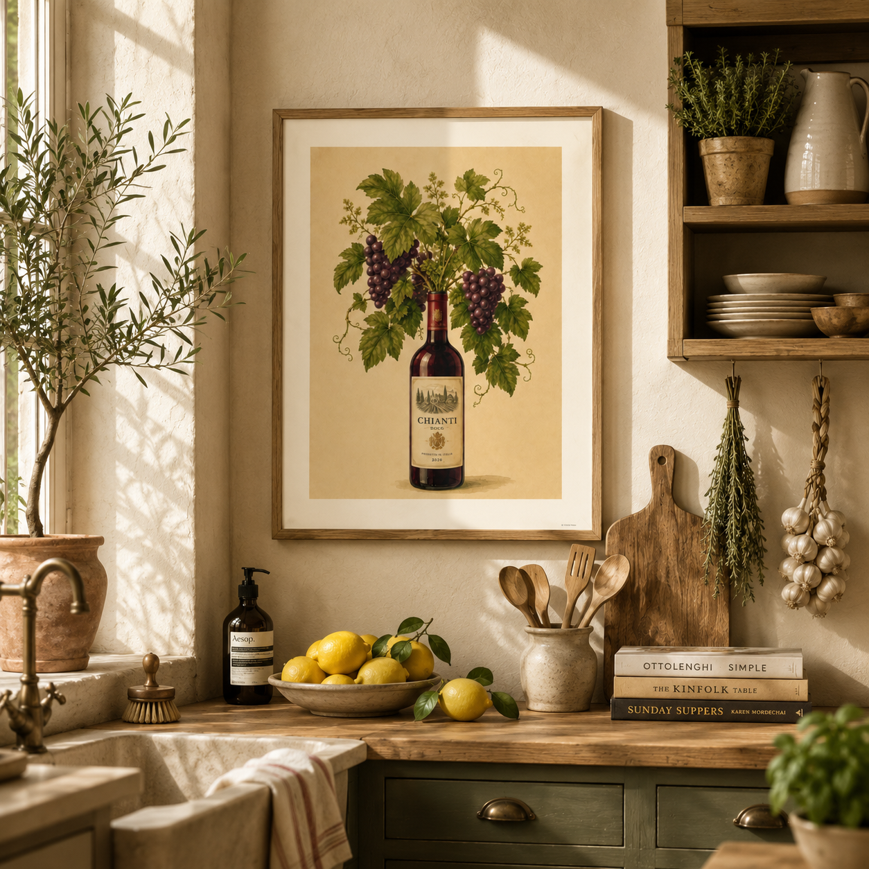 Mediterranean kitchen wall art with Chianti wine bottle and grape vine illustration in vintage botanical style.